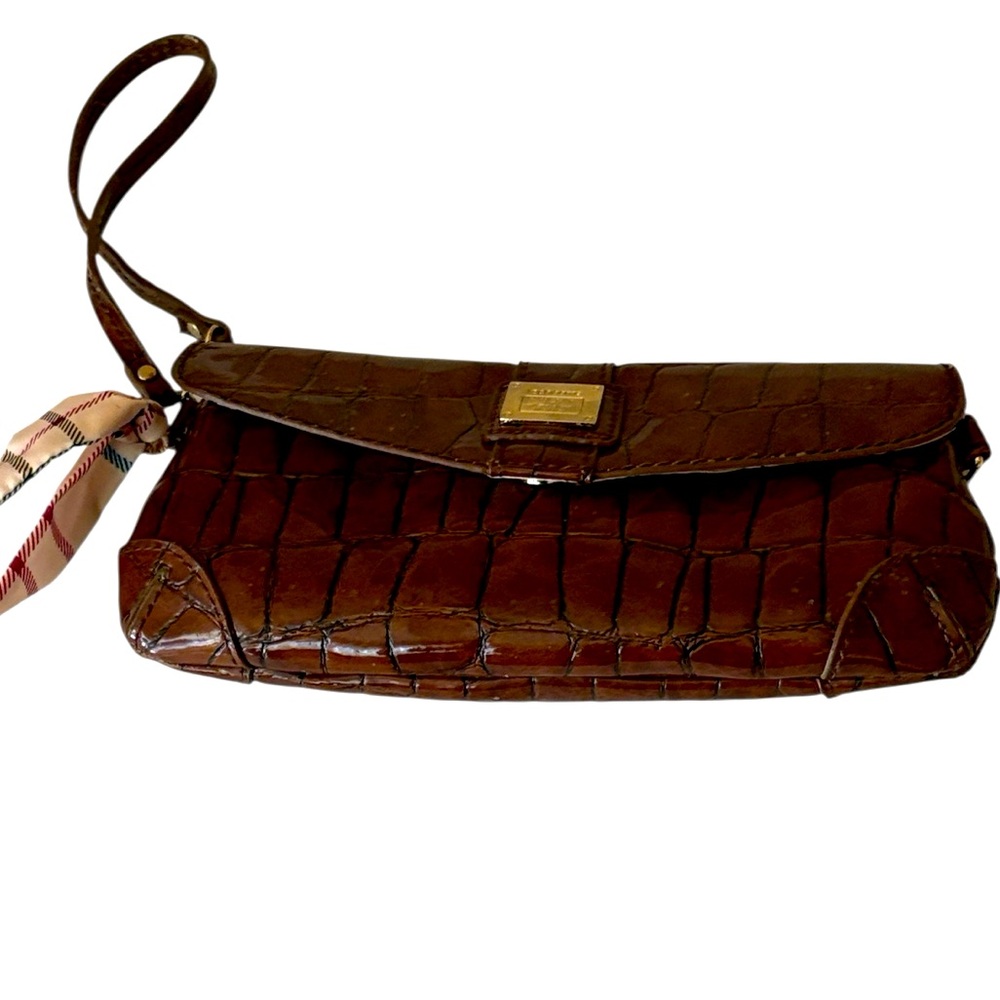 Liz Claiborne Vintage brown crocodile print wristlet with cloth tie accent,